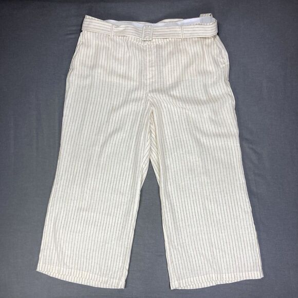 Lane Bryant Linen Dress Pants Womens 26 Cream Striped Belted Wide Leg Comfy New - Picture 2 of 16